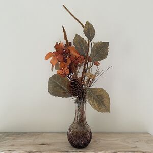 Handmade Artificial Floral Fall Pinecone Leaf Arrangement in Amber Glass Vase